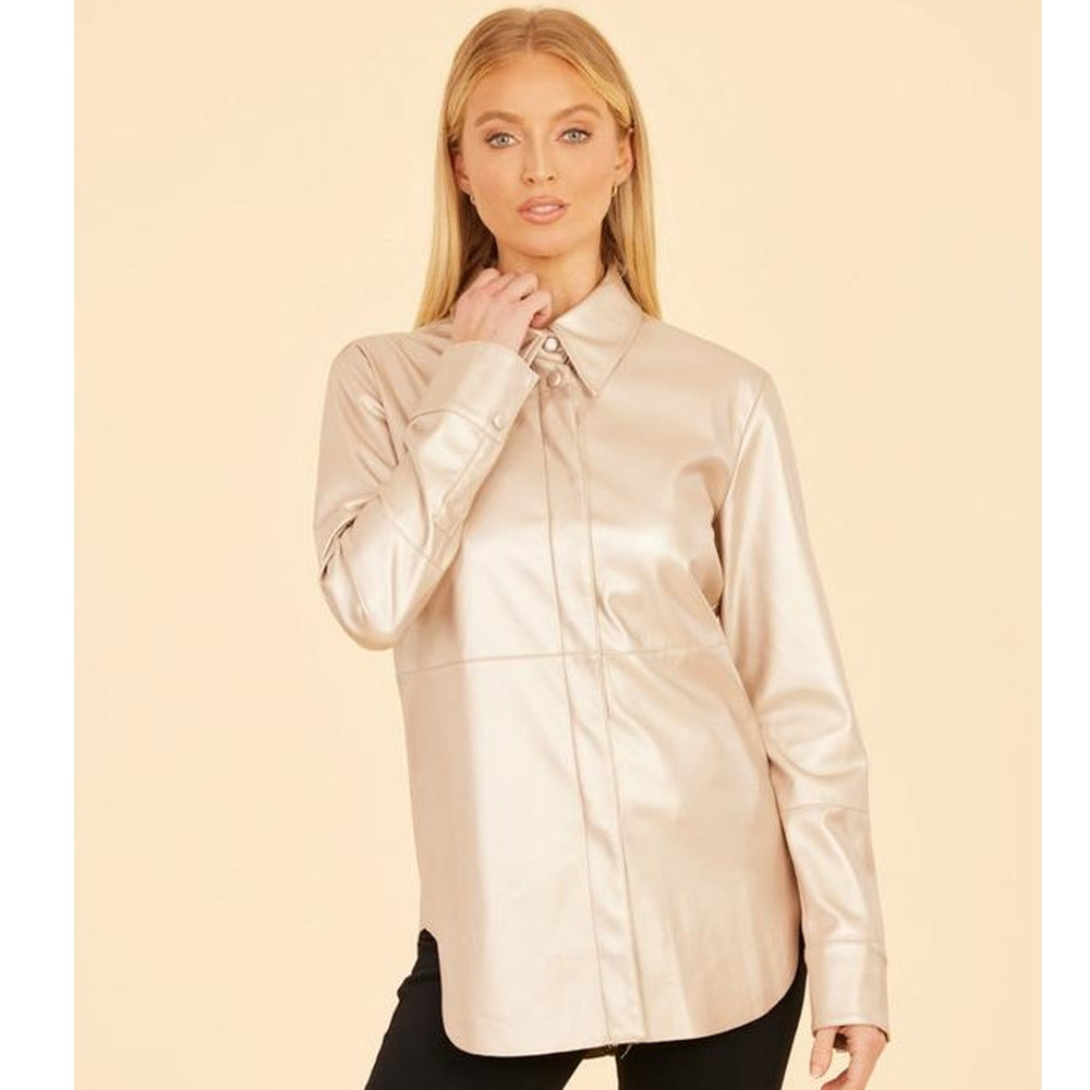 Dolce Cabo Vegan Leather Button Up Shirt Pale Metallic Gold L NWT Glamoratti